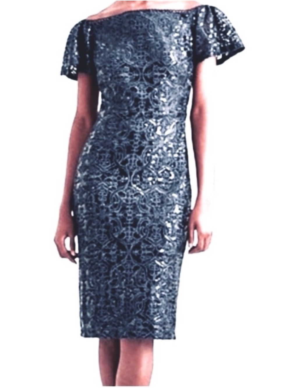 NEW Ralph Lauren Sequin Lace Dress Flutter Sleeve Lighthouse Navy Blue Size 4